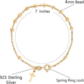 Savlano 925 Sterling Silver Italian Rosary Solid Bead Chain Cross Pendant - 18K Gold Plated 7 Inches Bracelet Comes With Gift Box for Women - Made in Italy (7, 4mm)