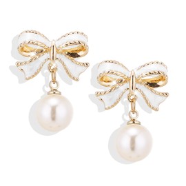 Gold Pearl Bow Earrings for Women Ribbon Dangle Drop Stud Earrings Silver Dainty Faux Pearl Earrings for Women Jewelry for Mom Her-White