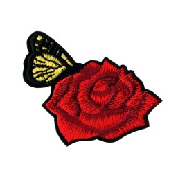 Patchwork Paradise Red Rose with Butterfly Embroidered Iron On Patch Floral and Garden Lover Badge