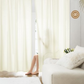 HOMEIDEAS Non-See-Through Cream Privacy Sheer Curtains 52 X 72 Inches Long 2 Panels Light Yellow Semi Sheer Curtains Light Filtering Window Curtains Drapes for Bedroom Living Room