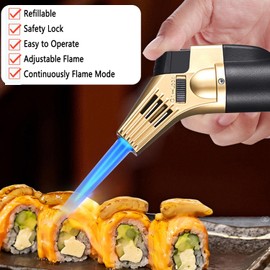DBZQSCW Butane Torch Lighter,Refillable Kitchen Culinary Cooking Blow Torch with Safety Lock Adjustable Flame for Desserts Creme Brulee BBQ BakingButane Gas Not Included(Golden)