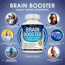 Toplux Brain Supplement Nootropic – Brain Pills Vitamin with DMAE, Bacopa Monnieri, L-Gutamine, for Men Women, 60 Capsules, Nutrition