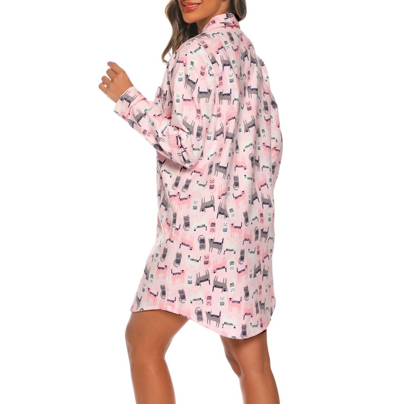 ENJOYNIGHT Women's Sleep Shirt Flannel Print Pajama Top Button-Front Nightshirt