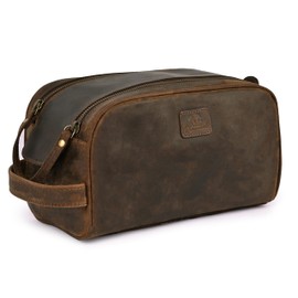 DHAMPOOH Leather Toiletry Bag with Zipper Pockets, Black, 10 x 6 x 4 inches (Distressed Brown, 10X6X6)