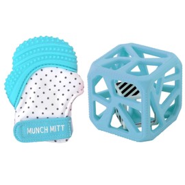 Malarkey Kids Munch Mitt and Chew Cube Bundle for Baby Boy, Blue, x1 Aqua Blue Munch Mitt (MM04A) and x1 Blue Chew Cube (CC04BL)