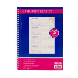 BAZIC Cash Money or Rent Spiral Bound Receipt Book, 200 Sets 7 5/8" x 10 7/8" 2-Part Carbonless, White & Canary, Bound Wraparound Cover (200 Sets/Pk), 1-Pack