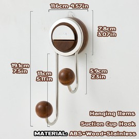 MURRI&MURRDI Strong Vacuum Suction Hooks 2 Pack, Hanger Suction Cup Reusable, Removable Heavy Duty Hooks Holds Up to 15kg, Plastic Suction Hanger for Kitchen Bathroom Door Window (2 Walnut Wood)