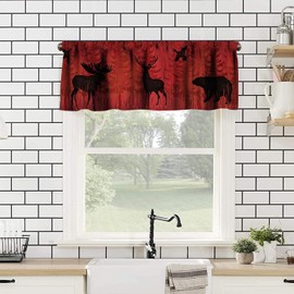 GoDazzling Bear Deer Kitchen Curtain Valance, Rustic Forest Elk Bear Country Hunting Wildlife Vintage Wooden Barn Geometric Window Valance, for Bedroom Living Room Cafe Bathroom W54xL18in 1 Panels