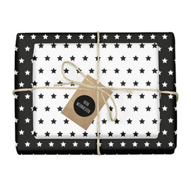 4 x two-tone wrapping paper "Christmas: stars black and white" + 4 x tags (double-sided sheets DIN A2, eco-recycled paper)