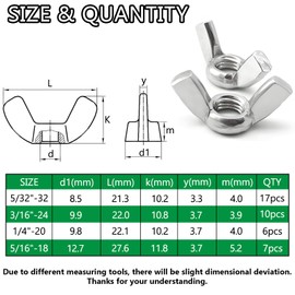 Aienxn 40PCS SAE Wing Nuts Assortment Kit, 4 Sizes- 5/32", 3/16", 1/4", 5/16", Zinc Plated Wingnuts Fasteners, Parts Butterfly Wing Nut