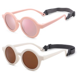 Hycredi Bendable Round Baby Polarized Sunglasses Flexible with Strap for Newborn Infant Toddlers Age 0-24 Month-Pink + White