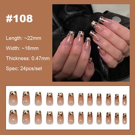 【NEW ARRIVALS!】 Press on Nails French Tip Bling Coffin Short Almond Fake Nails with Designs Glue on Nails Long Glossy Gradient Medium False Nails Reusable Full Cover Thick Nail Acrylic Stick on Nails for Women Girls 24 Pcs:_108