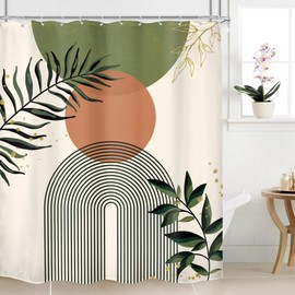 Mitpok Green Boho Shower Curtain 60Wx72H Abstract Bohemian Modern Leaves Mid Century Minimalist Contemporary Plant Bathroom Decor Simple Neutral Bath Curtain Fabric Polyester 12 Pack Hooks