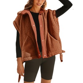Gozoloma Women's Oversized Fleece Vest Sleeveless Casual Button Down Piecing Fuzzy Sherpa Gilet Jacket with Pockets(0736-Brown-L)