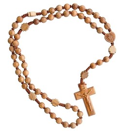 Sine Cera Olive Wood 5 Decade Catholic Rosary, Laser Cut Crucifix and Double-sided Laser Engraved Centerpiece, Sturdy Corded Design 17" Length, Smooth 8mm Beads