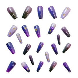 Star Press on Nails Purple Black Fake Nails Medium Coffin False Nails with Ombre Design Night Glue on Nails Artificial Acrylic Nail Full Cover Ballet Stick on Nails for Women Manicure 24Pcs