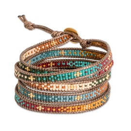 NOVICA Artisan Handcrafted Pewter Beaded Bracelet | Colorful Wrap | Pewter Button | Cultural Heritage | Glass Beads | Waxed Nylon Cord | Guatemala 'Cerro de la Cruz in Brown' 35" L x 0.3" W