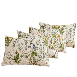 ECOCOTT 4 Pack Pillowcase Queen Size with Green Botanical Floral Leaves Pillow Cases Set, 100% Cotton Queen Pillow Covers Envelope Closure (Queen, 20"x30")