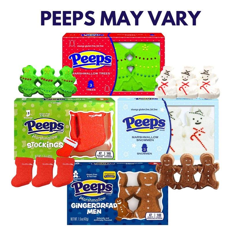 Peeps Marshmallow Candy Christmas Packs, Sugar Coated Character Shaped Marshmallows