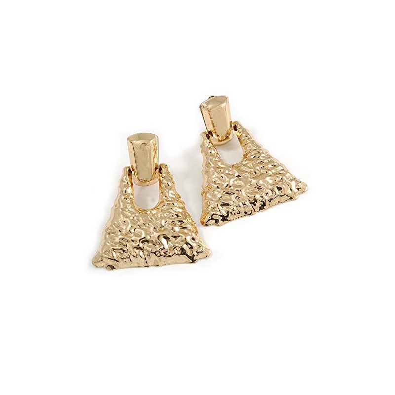 Statement Hammered Triangular Drop Clip-On Earrings/Gold Tone/ 60mm L