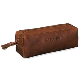 STILORD Linus Leather Vintage Men's Women's Pencil Case Square Buffalo Leather Case, Cognac - Brown, Cosmetic bag
