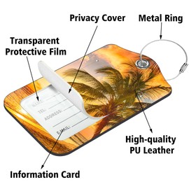 Neidius Luggage Tags for Suitcase,2 Pack Sunset Beach PU Leather Luggage Tags with Stainless Steel Loop Privacy Cover ID Address Labels,Adult Travel Suitcase Tags