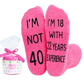 Sensemory Pink Fuzzy Socks, 'I'm Not 40, I'm 18 with 22 Years Experience', Funny 40th Birthday Gift for Women, Unique Gifts For Women, Christmas Gifts For Mom, White Elephant Gifts for Adults