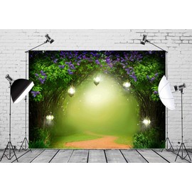 BELECO 7x5ft Fabric Enchanted Forest Garden Backdrop Magic Spring Green Forest Purple Flowers Fantasy Woodland Wonderland Background for Tinkerbell Party Baby Shower Girls Birthday Party Photo Props