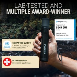 Bachgold Water Filter Straw Survival – Portable Camping Water Purification System | Removes 99.99% Viruses, Bacteria & Protozoa | 2-Stage Electroadsorption + 70 cm Tube, Black