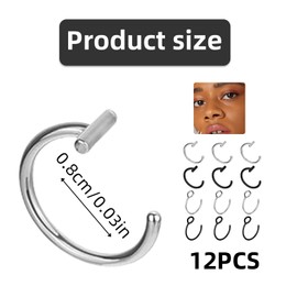 FNSIGHD 12 Pcs Fake Lip Ring,Temporary Lip Ring,Stainless Steel Fake Nose Ring,Silver & BlackFake Lip Piercing,Faux Lip Septum Nose Ring Set,Nose Lip Piercing Septum Jewelry,for Women,Men's