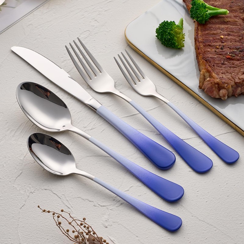 DINYWOW 20-Pieces Color Silverware Sets for 4,Blue and white Handle