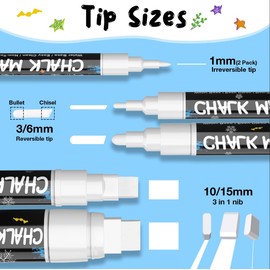 SAKEYR SAKEYR Weißer Kreidestifte für Fenster Tafel Abwaschbar, 6 Stück Kreidestift Set und 45pcs Kreidetafel Labels, Kreidemarker Weiss für Glas & Gewürzgläser, (1mm,1mm, 3mm, 6mm, 10mm und 15mm)