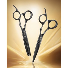 ULG Hair Scissors Kit 2-Pack Haircut Shears Set with Razor Edge Scissors and Hair Thinning Scissors Ergonomic Handle Lightweight Hair Styling Scissors for Home and Salon Use, Matte Black
