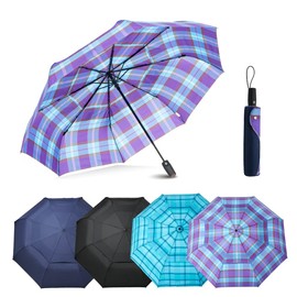 A.Brolly Edinburgh Large Windproof Travel Umbrella - Purple Plaid, 54 Inch Double Vented Canopy, Auto Open Close