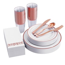 FOCUSLINE 175 Count Rose Gold Dinnerware Set for 25 Guests - Rose Gold Rimmed White Disposable Plastic Plates Heavy Duty, Includes 25 Dinner & Salad Plates, Cups, Cutlery Set for Wedding Parties