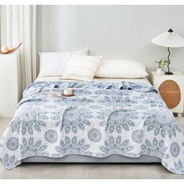 MEJU Feather Heart Boho Indian Blue Muslin All Season Blanket for Bed Sofa Couch 100% Combed Cotton 3 Layer Soft Warm Bedspread Throw Blanket Bed Coverlet Sheet Twin 60 in x 80 in