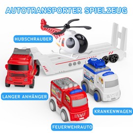 GizmoVine Car Transporter Toy, Truck, Tow Truck with 1 Ambulance, 1 Fire Engine, 1 Helicopter, Friction Car, Three Warning Tones, Gifts for Children from 2 3 4 5 6 Years