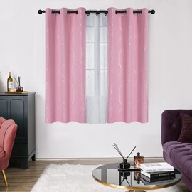 Deconovo Short Blackout Curtain, Pink Curtain, Thermal Insulated Soundproof Grommet Drapes, Wave Line Dot Foil Print, 38 x 45 Inch, 2 Panels, Machine‑Washable Window Panel for Small Windows Kitchne
