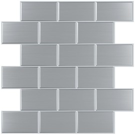 CHIHUT 6 Sheets 12''x12'' Brushed Silver Stainless Steel Subway Peel and Stick Backsplash Tiles Waterproof Self Adhesive Wall Tiles for Kitchen Bathroom Shower Walls Renter Friendly Back Splash