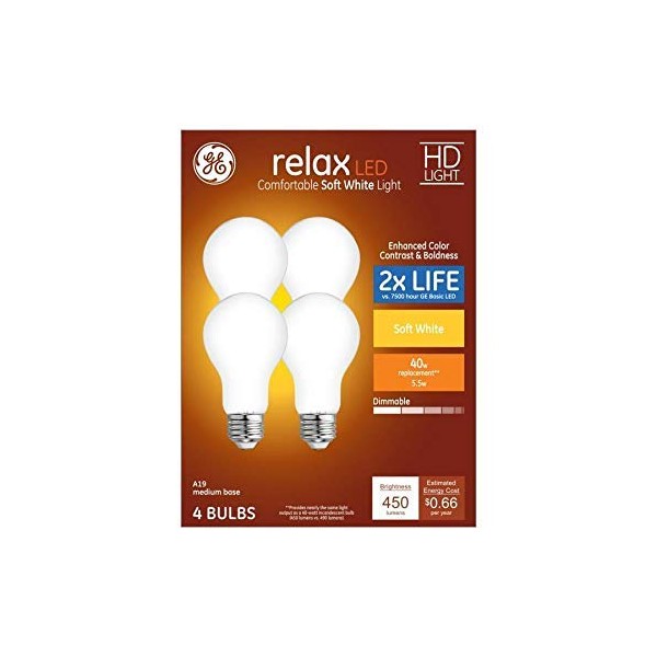 GE Relax 4-Pack 40 W Equivalent Dimmable Warm White A19 LED Light Fixture Light Bulbs