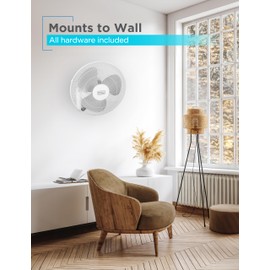 BLACK+DECKER 16" Wall Mount Fan With Remote Control, Oscillating With 3 Speed Settings and Shut Off Timer, Adjustable Tilt Angle, White