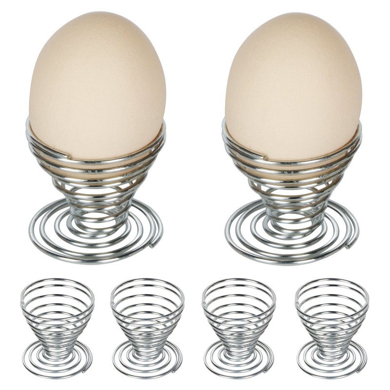 TRIXES 6 x Egg Cups Brushed Steel Wire Spiral Spring