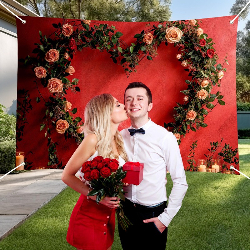 Romantic Rose Floral Heart Wreath Backdrop for Photography, Wedding Bridal