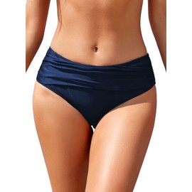 SHEKINI Womens Ruched Bikini Bottom Solid Medium Waisted Tummy Control Blue