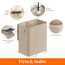 Lifewit Double Laundry Hamper with Lid and Removable Laundry Bags, Large Collapsible 2 Dividers Dirty Clothes Basket with Handles for Bedroom, Laundry Room, Closet, Bathroom, College, 155L Beige