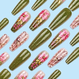 Flower Press on Nails Medium Coffin Fake Nails Green Tip Glitter False Nails with Pink Flower Designs Nude Pink Glue on Nails Spring Stick on Nails Full Cover Cute Acrylic Nails Glossy Artificial Nail