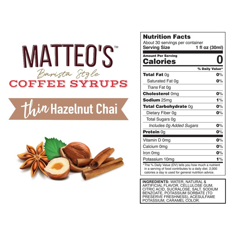 Matteo's Barista Style Sugar-Free Coffee Syrup, Hazelnut Chai Flavor, Zero