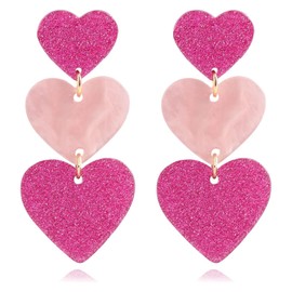 Pink Heart Earrings for Women Hot Pink Heart Dangle Earrings Cute Acrylic Love Dangling Heart Earrings Double Heart Statement Earrings Jewelry for Women (B)