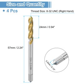 sourcing map 4pcs Spiral Flute Thread Taps, 8-32 UNC H2 Screw Threading Tap, Titanium Coated 6542 High Speed Steel Machine Tapping Tools for Machinist Repair