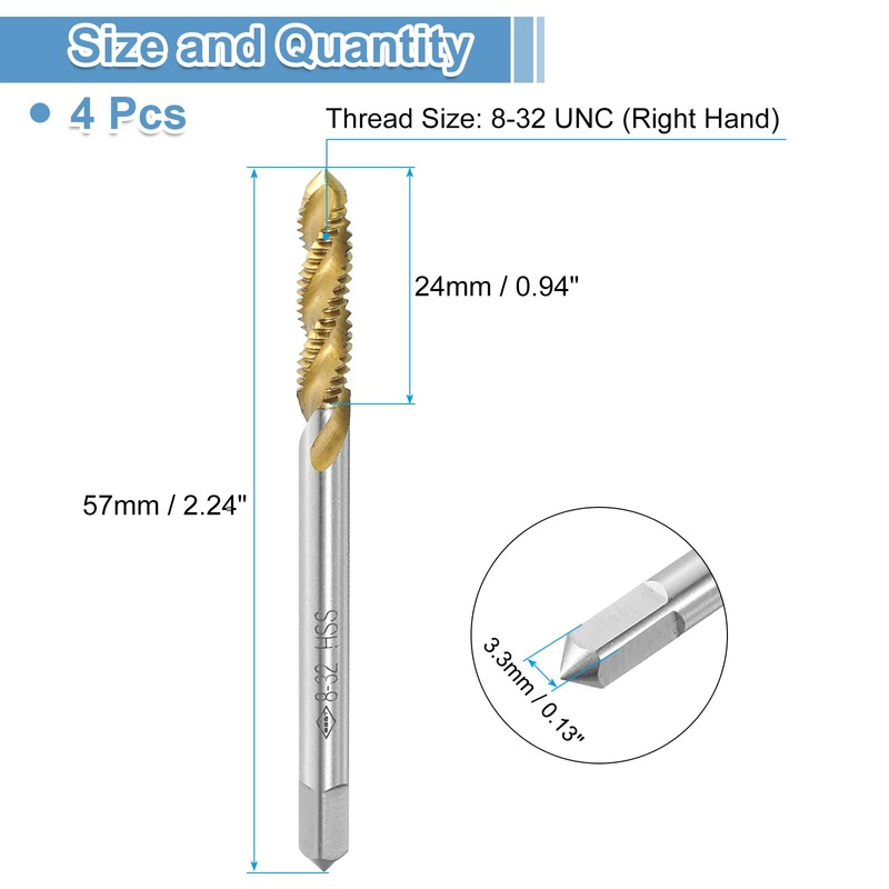 sourcing map 4pcs Spiral Flute Thread Taps, 8-32 UNC H2